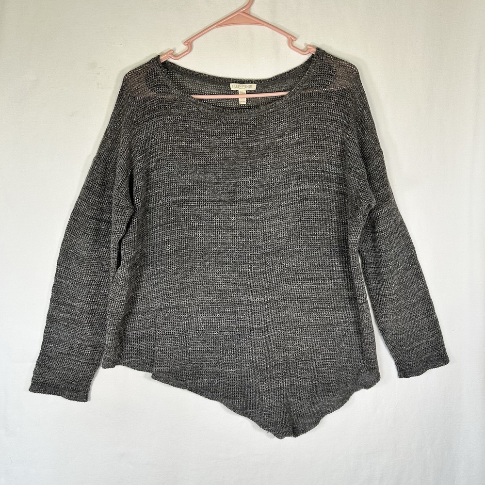Eileen Fisher Charcoal Melange Cotton Mesh Knit Asymmetrical Sweater Lagenlook